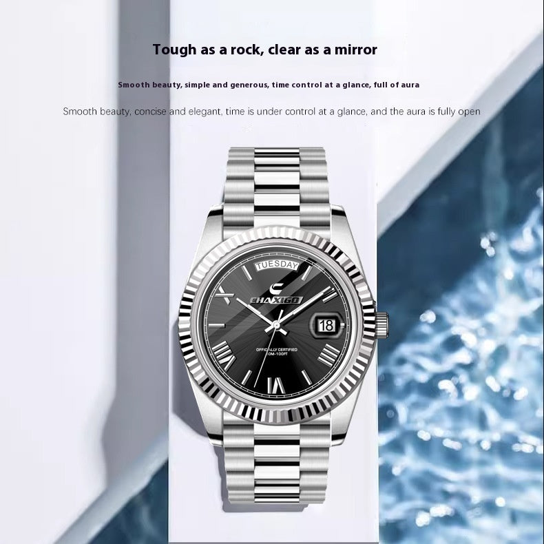 Men's stainless steel quartz wrist watch with black dial and date display.