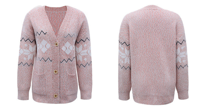 Single-breasted pocket women's knit sweater with snowflake pattern in pink.