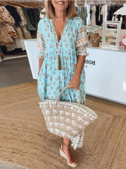 Summer Bohemian Print Lantern-Sleeved Dress Clothing For Women - Swefashionstore