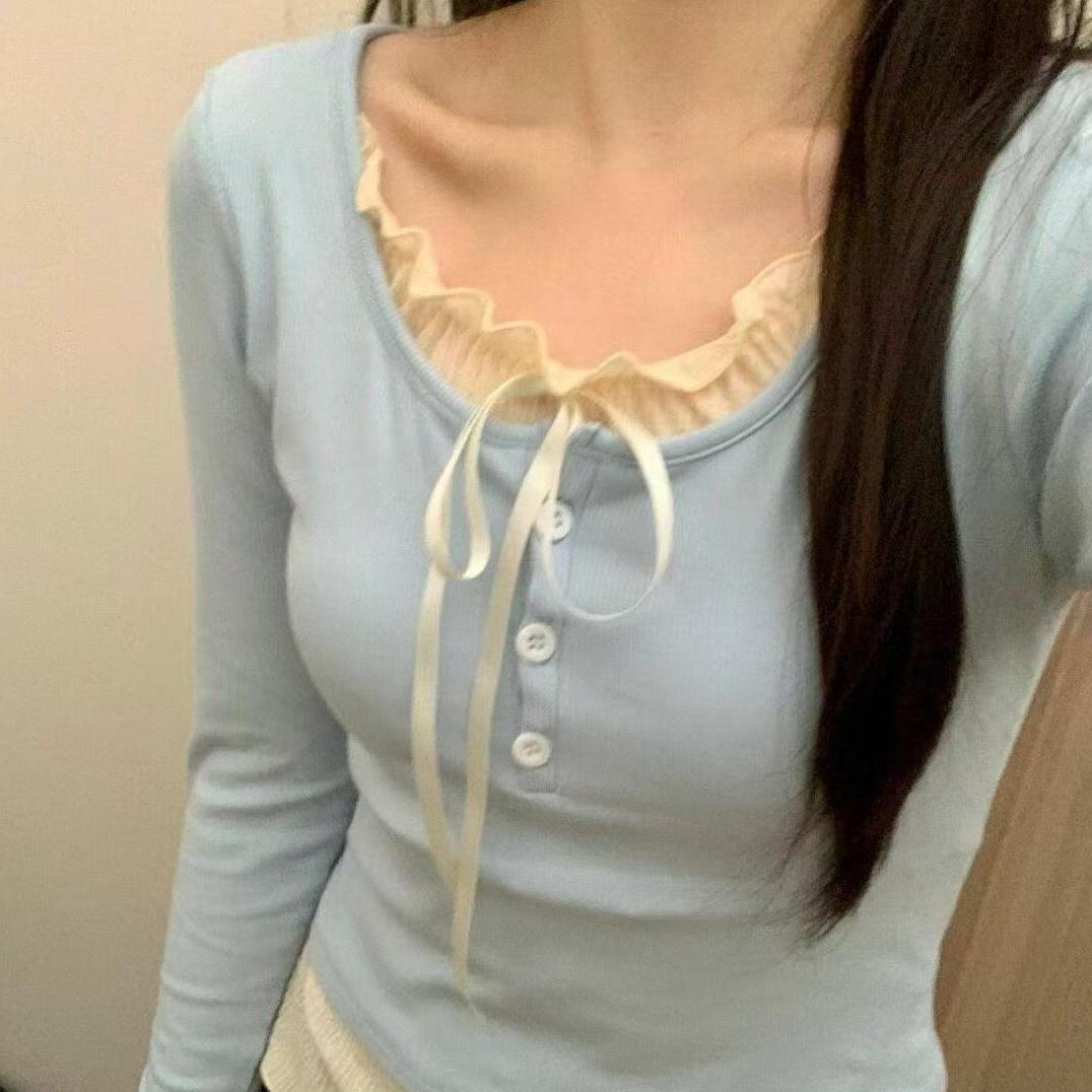 Pure Desire Lace Inner Match Bottoming Shirt in blue with lace trim and buttons.