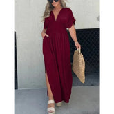 Fashion Bat-sleeved V-neck Slit Dress Summer Short Sleeve Elastic Waist Long Dresses Womens Clothing - Swefashionstore