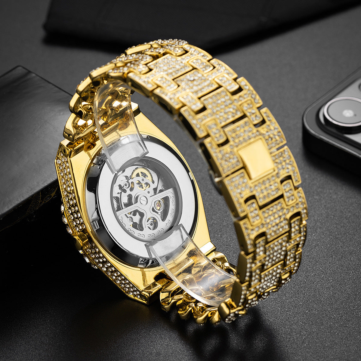 Full Diamond Hip Hop Cuban Link Chain Stitching Hollow Automatic Mechanical Watch - Swefashionstore