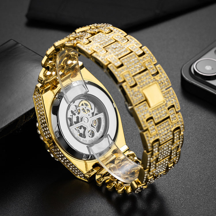 Full Diamond Hip Hop Cuban Link Chain Stitching Hollow Automatic Mechanical Watch - Swefashionstore