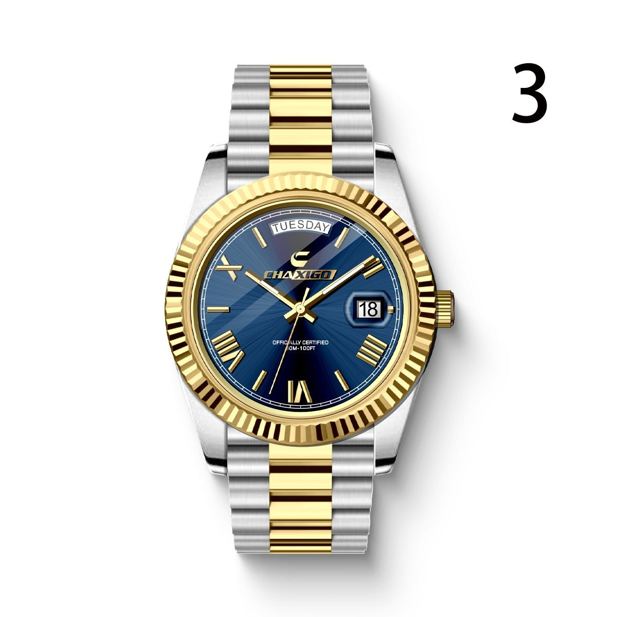 Men's gold and silver quartz wrist watch with blue dial and steel strap.