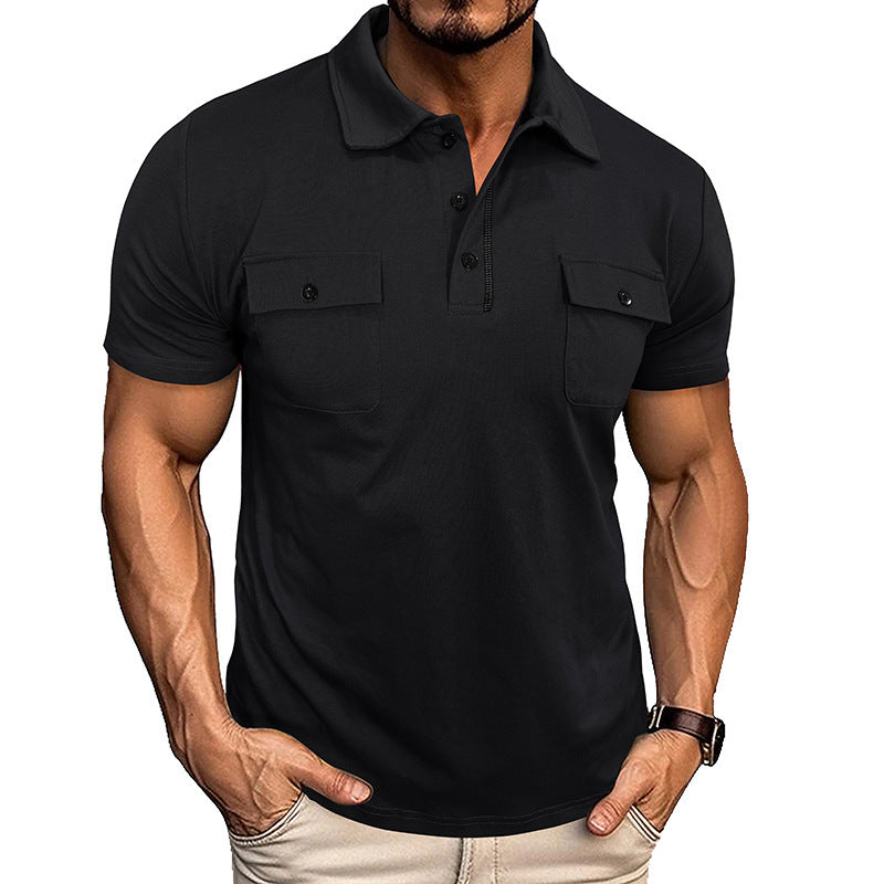 Polo shirt with pockets, outdoor fashion, short sleeves, black color.