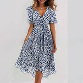 Flowers Printed V-neck Dress Summer A-line Short-sleeved Dresses For Women - Swefashionstore