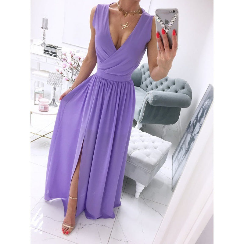 Summer Sleeveless And Ankle Skirt Solid V-neck Front Split Long Dress - Swefashionstore