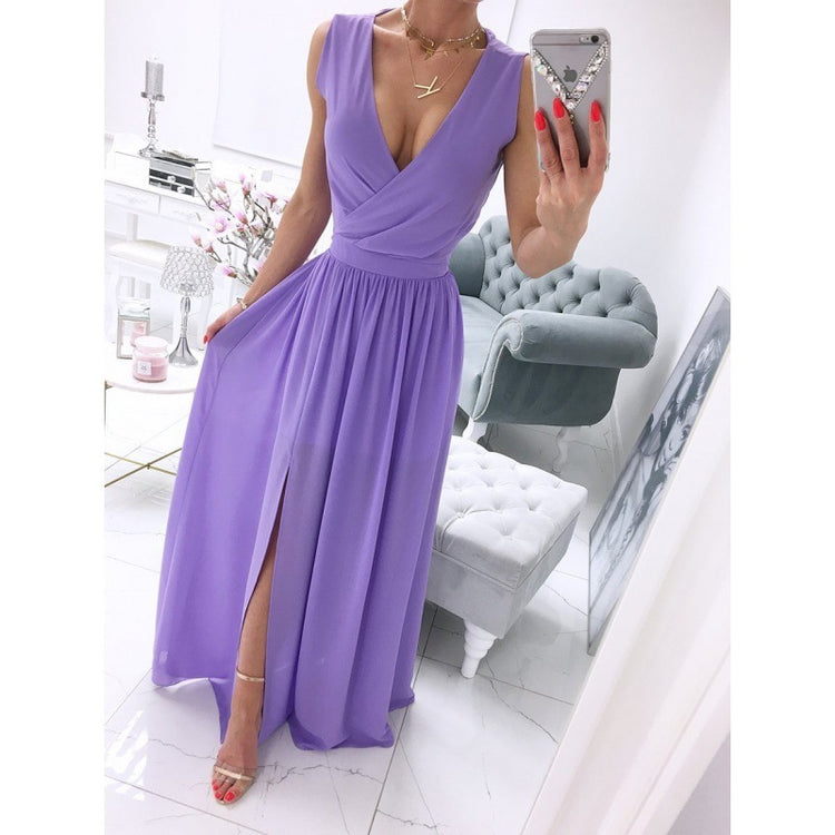 Summer Sleeveless And Ankle Skirt Solid V-neck Front Split Long Dress - Swefashionstore