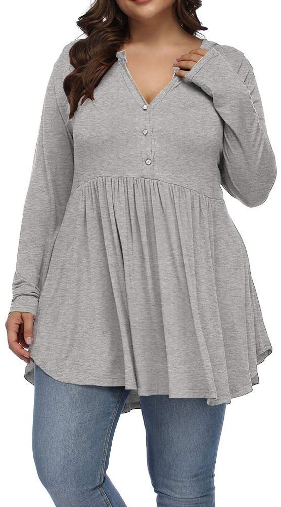 FASION V-neck Buttons Pleated Long Sleeve Plus Size T-shirt - Swefashionstore