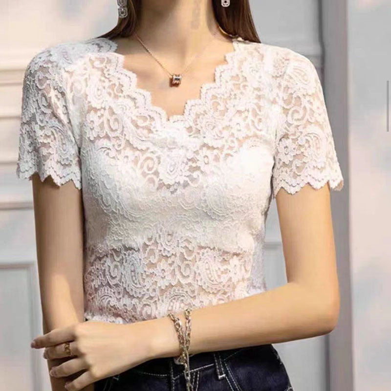 V-neck Hollow Sexy Lace Bottoming Shirt Innerwear Short Sleeve - Swefashionstore