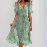 Chiffon Printed Short Sleeve Dress Summer Elegant V-neck Dresses Womens Clothing - Swefashionstore