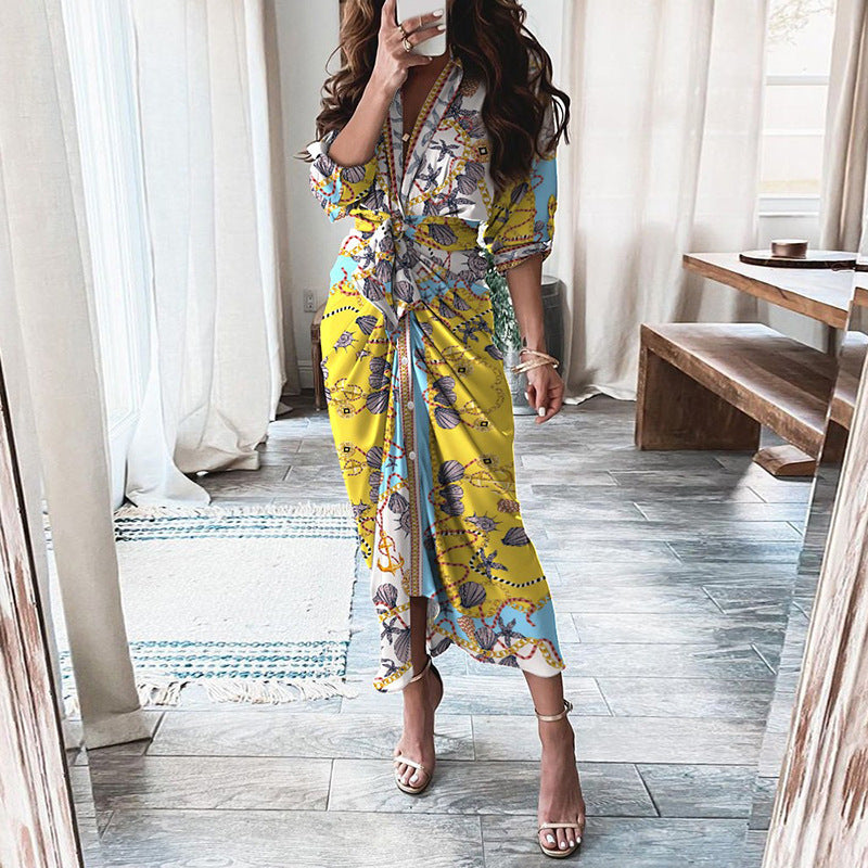 NEW European Print Long-Sleeved LACE-UP Single-Breasted SHIRT Dress