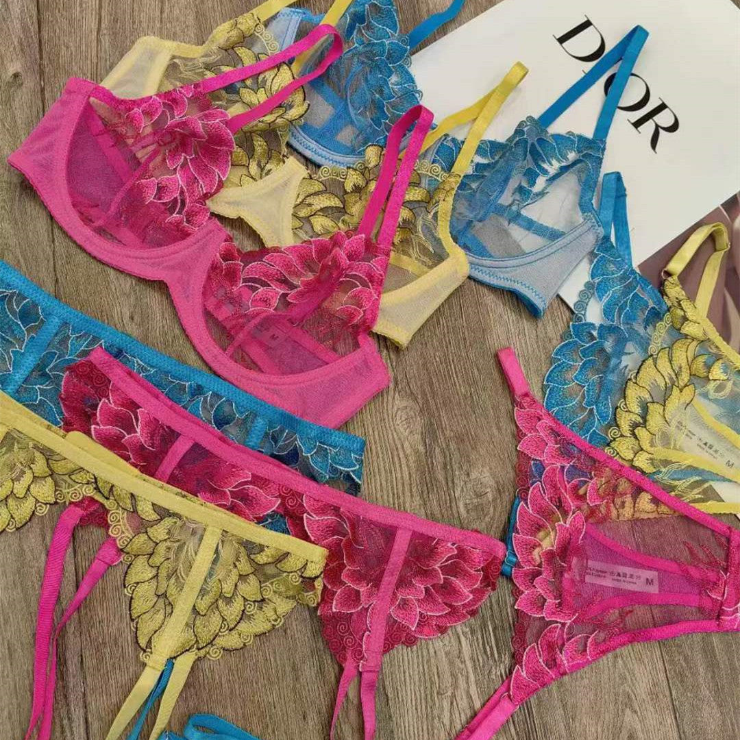 Anti-sagging Lace Embroidery Three-piece Set in rose red, yellow, and blue with elegant embroidery details.