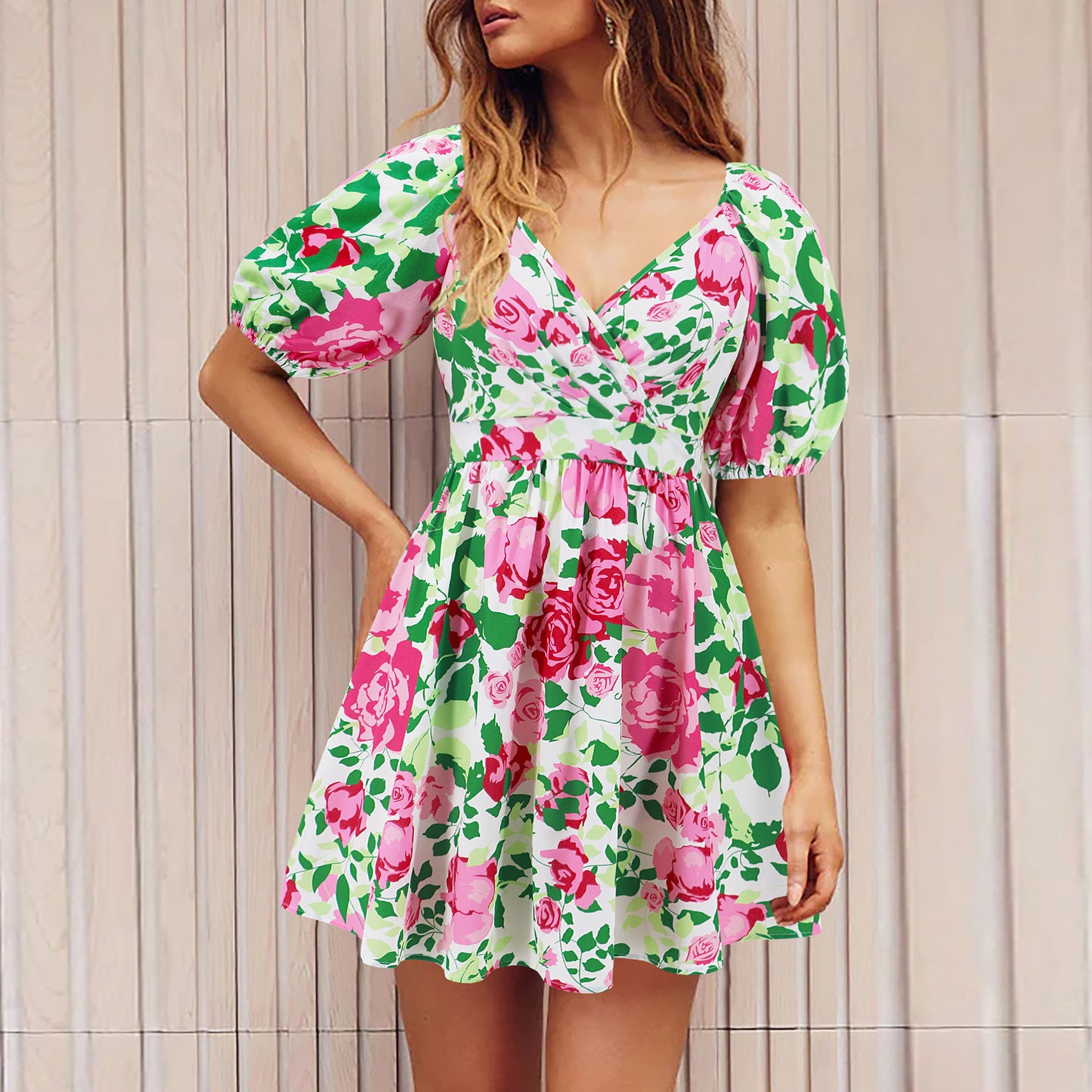 V-Neck Lantern-sleeve Dress