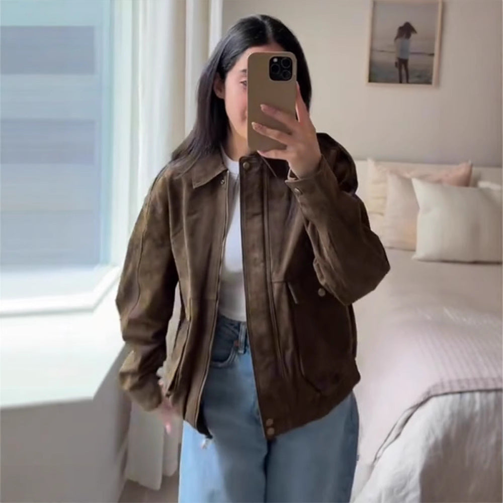 Women's SPRING Clothing Personality RETRO Suede Fabric Jacket