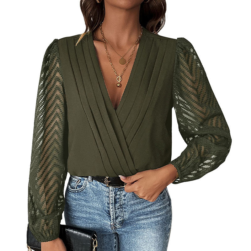 All-matching Solid Color And V-neck Pleated Lace See-through Long-sleeved Jumpsuit - Swefashionstore