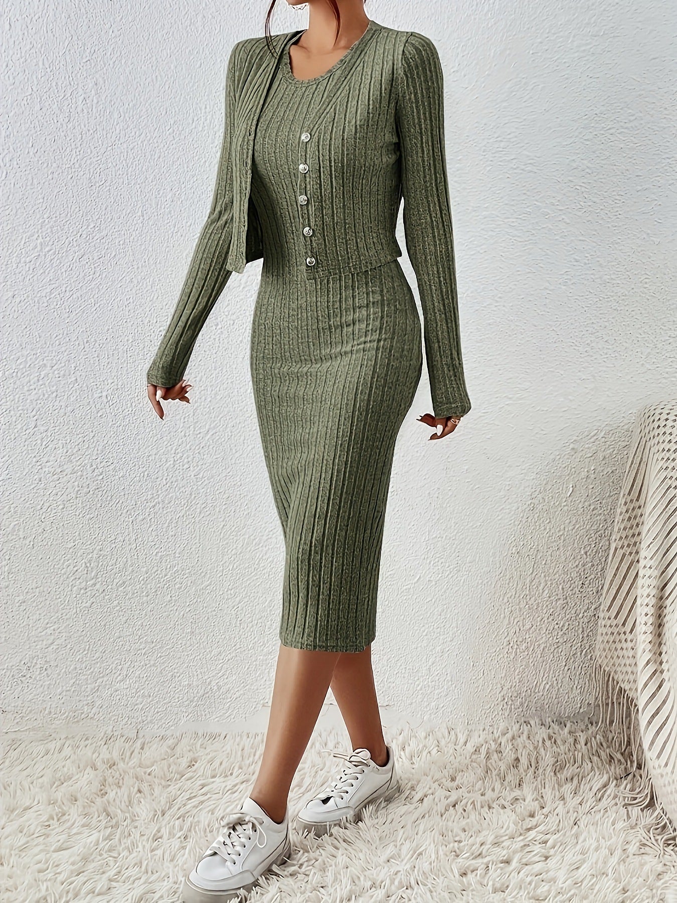 Front Button Cropped Top And Slim Fit Dress - Swefashionstore