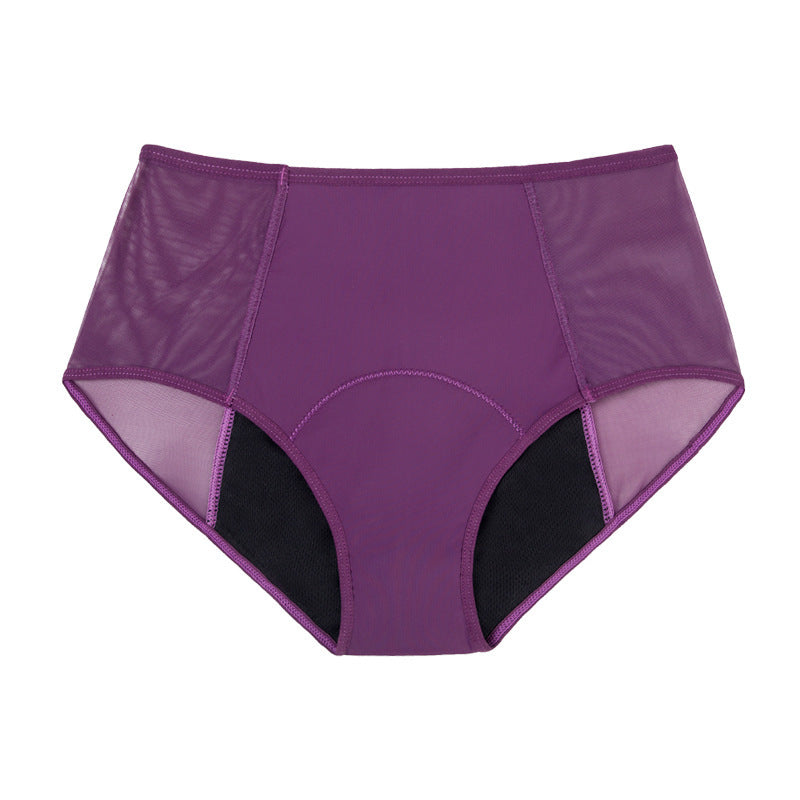 4-layer absorption menstrual brief in purple with nylon fabric and cotton lining.