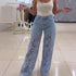 Y2K Lace Flowers Hollow Jeans Fashion High Waist Straight Wide Leg Pants Solid Color Trousers Women&