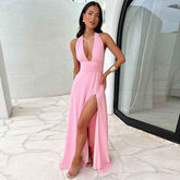 Halterneck V-neck Slit Dress for Effortless Style - Swefashionstore