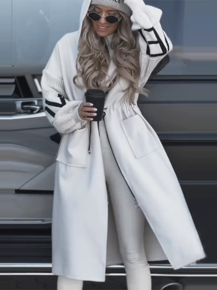 Hooded Windbreaker Long Jacket With Pockets And Drawstring Design Solid Color Knit-Sleeved Trench Coat For Women Clothing Fall Winter - Swefashionstore