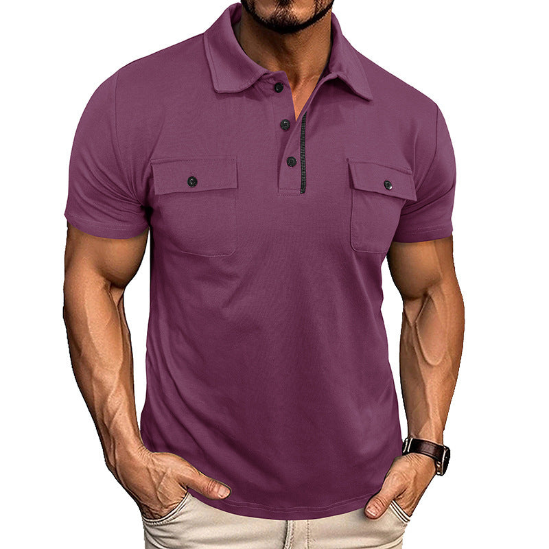 Polo shirt with pockets in outdoor fashion style, short sleeves, cotton blend, available in various colors.