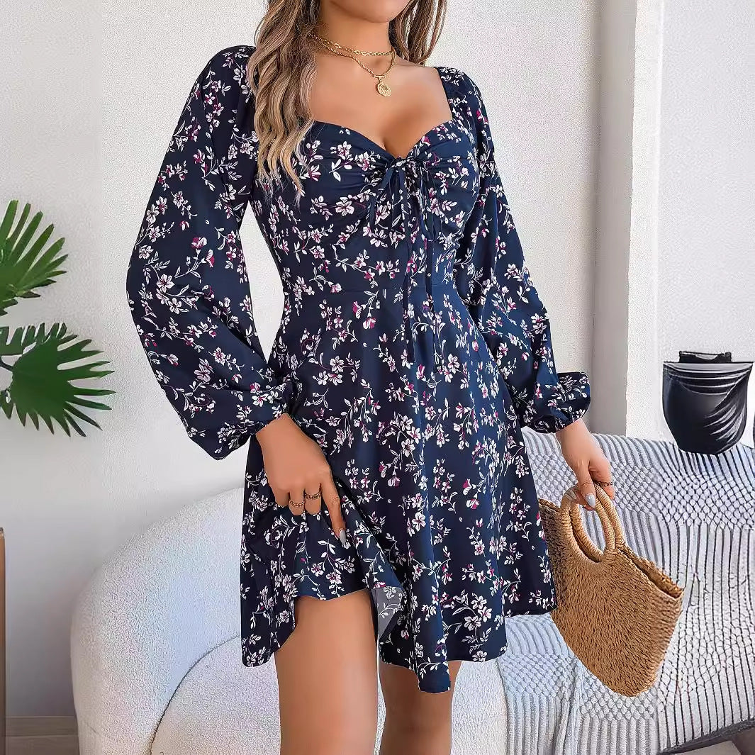 Fashion Floral Print Lantern Sleeve Dress - Swefashionstore