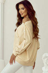 Beige Buttoned Sleeve Dropped Shoulder Sweatshirt - Swefashionstore