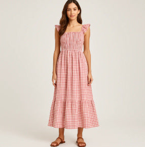 Summer Plaid Print Pleated Ruffle Dress INS Fashion Sleeveless A-line Swing Beach Dress Women&