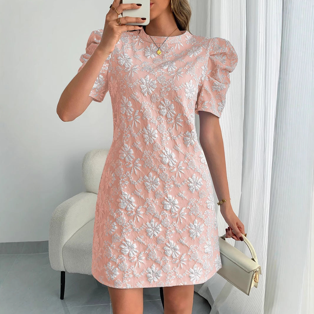 DAMEN RETRO Kleid mit Puffärmeln und Jacquard-Struktur, Rundhalsausschnitt