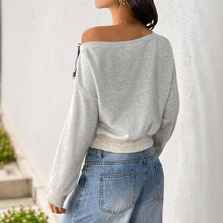 Letter Print Diagonal Collar Short Navel Women&