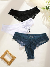 3 Pcs Breathable Sexy Lacy Trim Briefs, Semi-Sheer Thong Women&