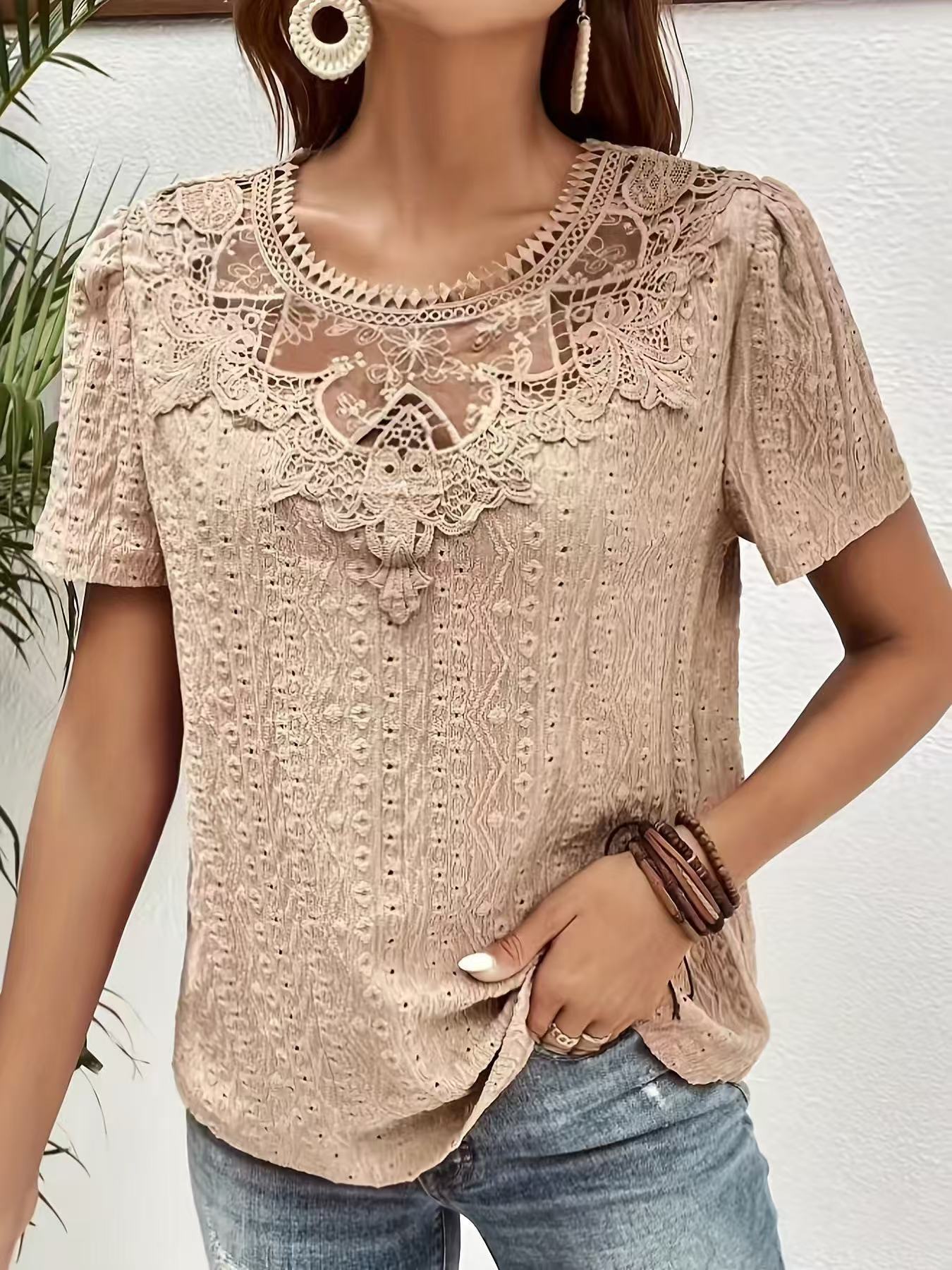 Women's Hollow Round Neck Lace Short Sleeve
