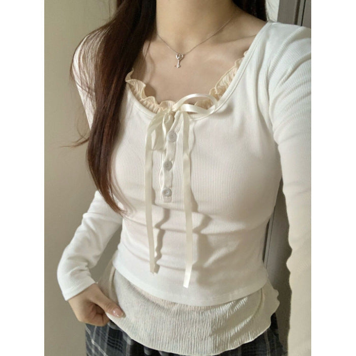 Pure Desire Lace Inner Match Bottoming Shirt with Princess Sleeves in White