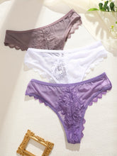 3 Pcs Breathable Sexy Lacy Trim Briefs, Semi-Sheer Thong Women&