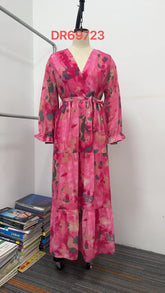 Long-sleeved Floral Print Dress Elegant V-neck Pleated High-waisted Big Swing Chiffon Maxi Dresses For Women Clothing - Swefashionstore