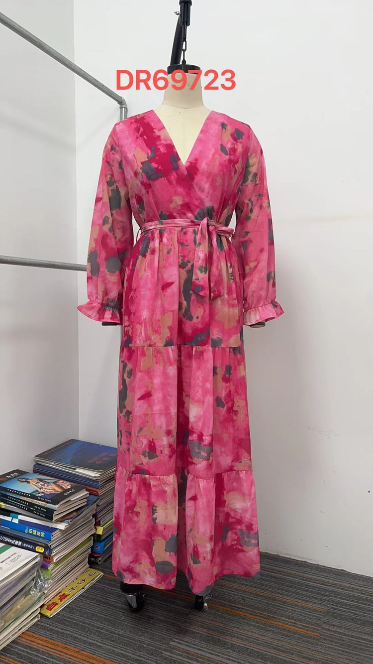 Long-sleeved Floral Print Dress Elegant V-neck Pleated High-waisted Big Swing Chiffon Maxi Dresses For Women Clothing - Swefashionstore