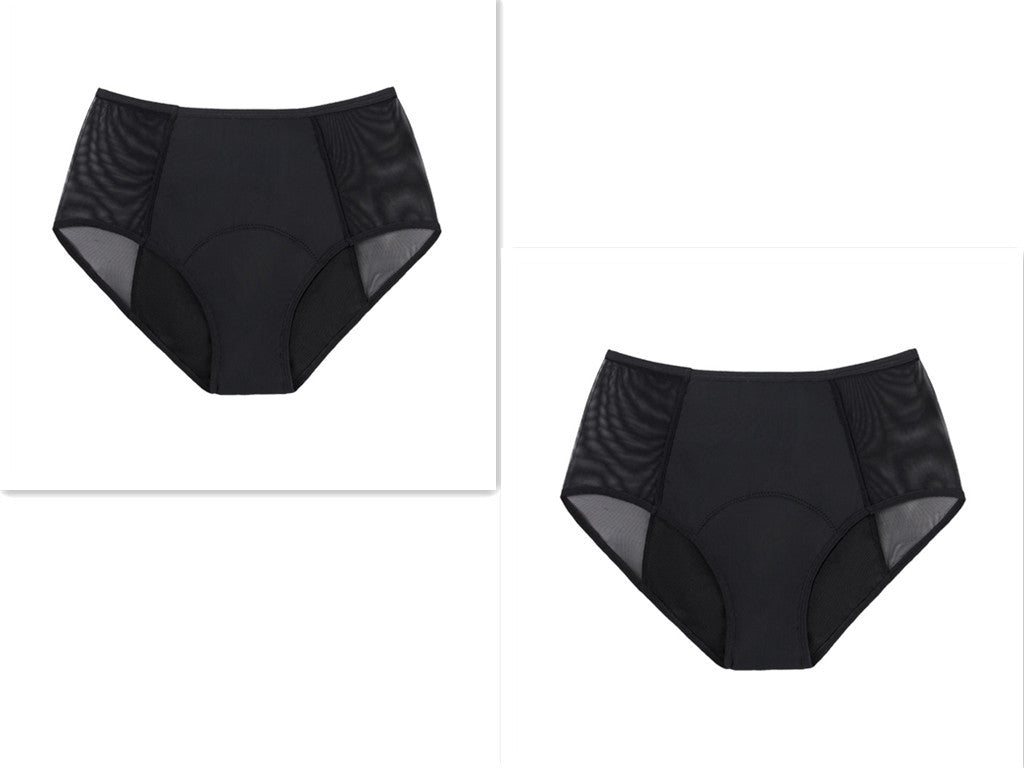 4-layer absorption menstrual brief in black, nylon fabric, high-waist design.