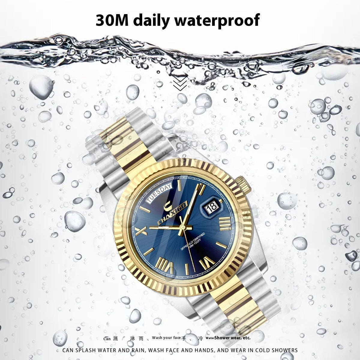 Men's quartz wrist watch with blue surface and gold stainless steel strap, 30m waterproof.