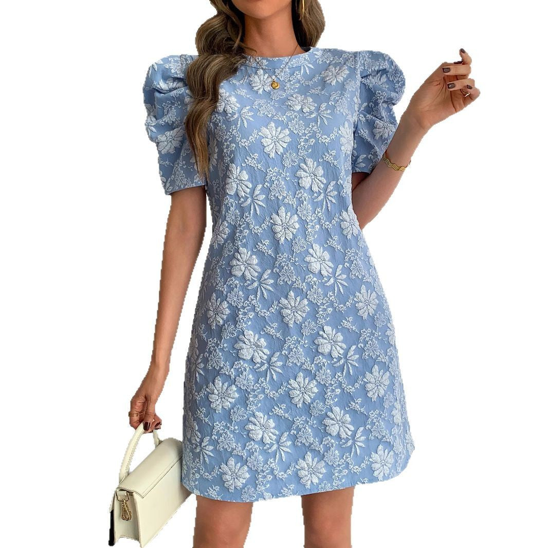 DAMEN RETRO Kleid mit Puffärmeln und Jacquard-Struktur, Rundhalsausschnitt