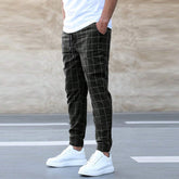 Fashion Plaid Print Pants Casual Drawstring Trousers Men&