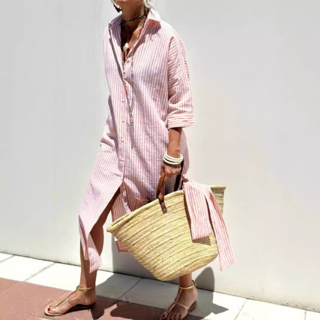 Striped Shirt Dress With Belt Fashion Half-sleeved For Women - Swefashionstore