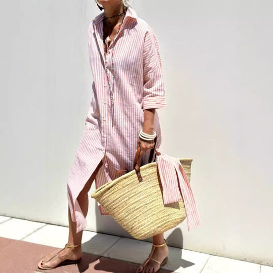 Striped Shirt Dress With Belt Fashion Half-sleeved For Women - Swefashionstore