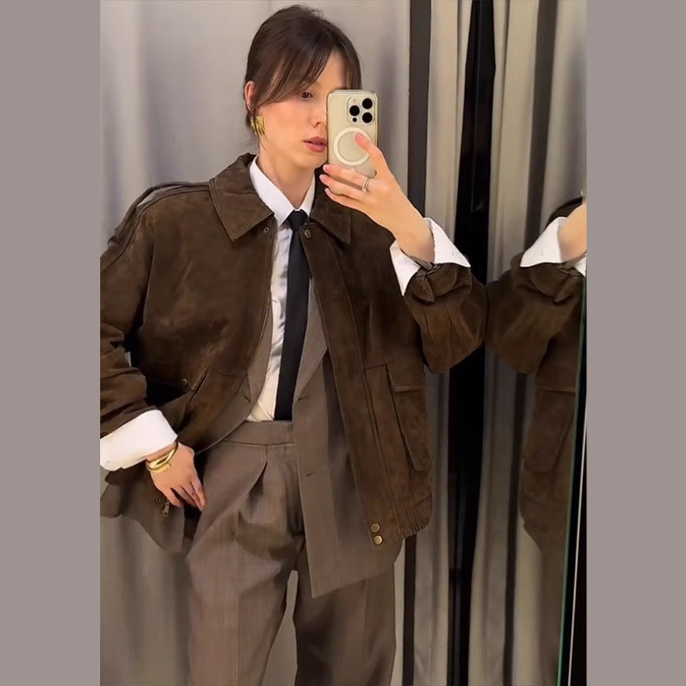 Women's SPRING Clothing Personality RETRO Suede Fabric Jacket