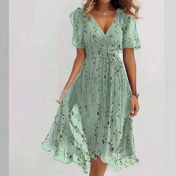 Flowers Printed V-neck Dress Summer A-line Short-sleeved Dresses For Women - Swefashionstore
