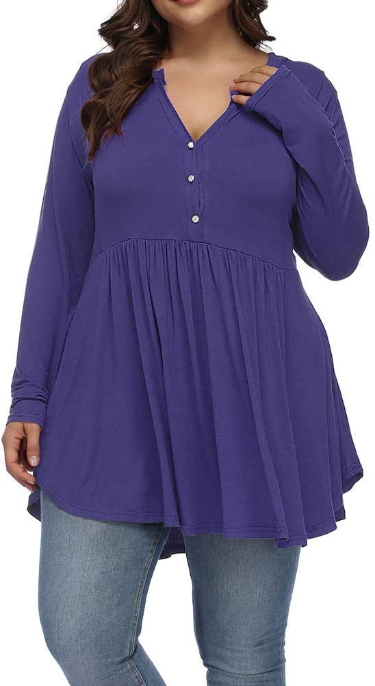 FASION V-neck Buttons Pleated Long Sleeve Plus Size T-shirt - Swefashionstore