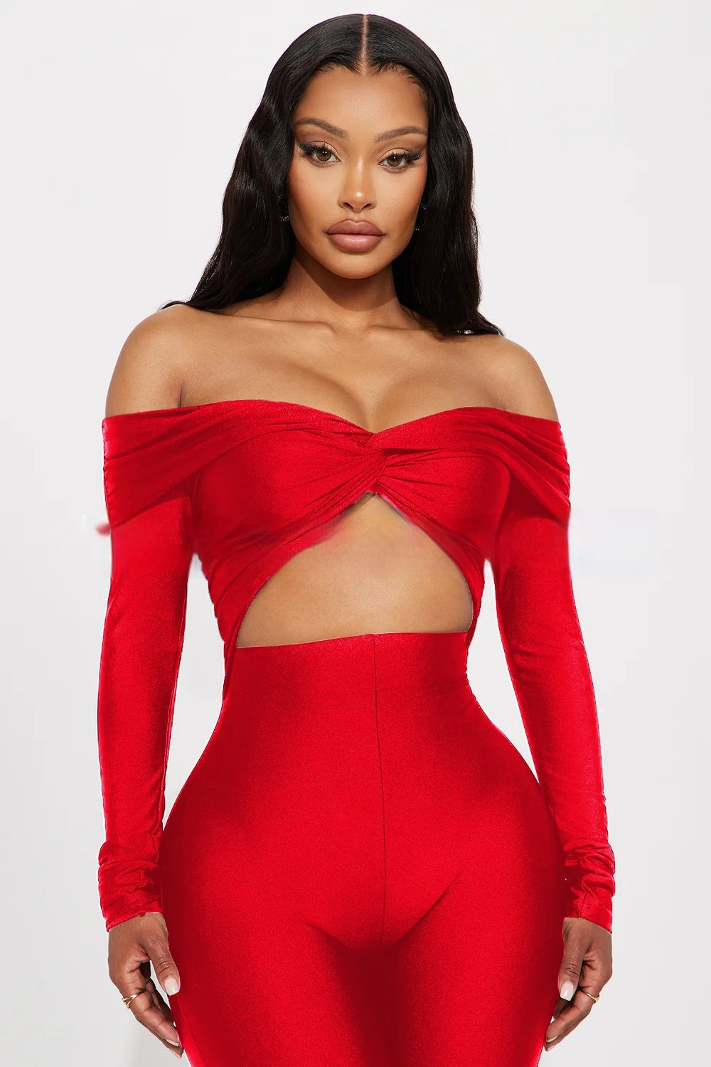 Women's red V-neck long sleeve high waist jumpsuit.