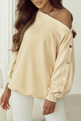 Beige Buttoned Sleeve Dropped Shoulder Sweatshirt - Swefashionstore