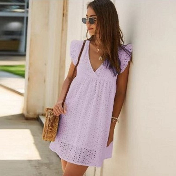 Summer V-neck Cotton Short Skirt Solid Color Dress - Swefashionstore
