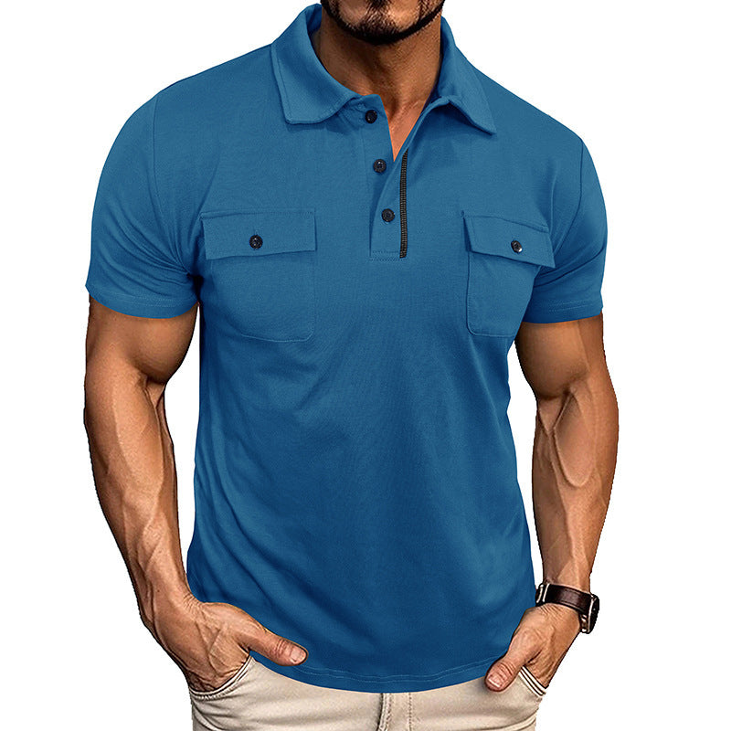 Blue polo shirt with pockets, outdoor fashion style, short sleeves.